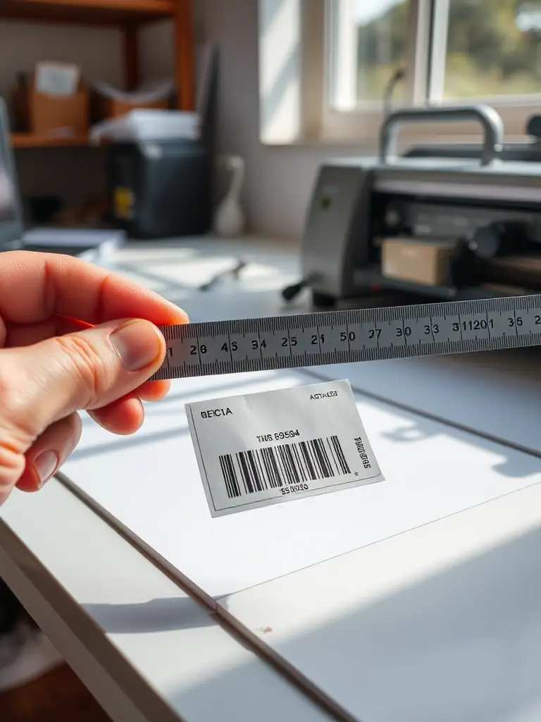 A ruler measuring the width of a label being printed, emphasizing the importance of label size considerations.