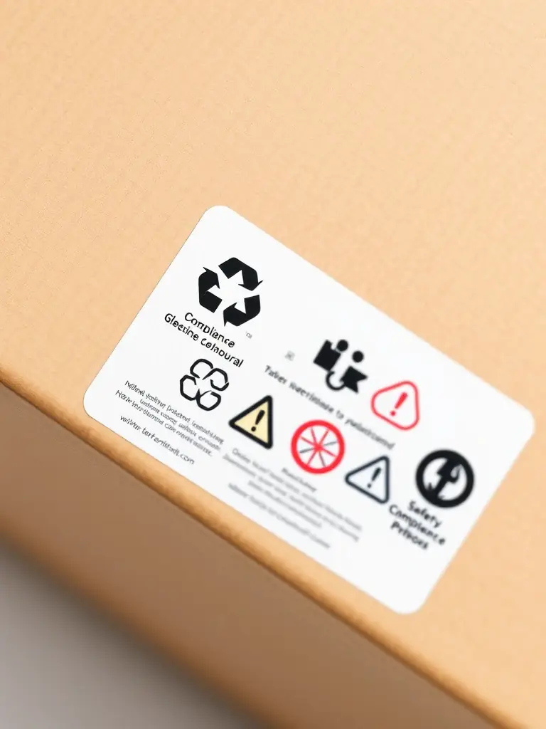 A label displaying compliance symbols and regulatory information, emphasizing the need to meet industry standards.