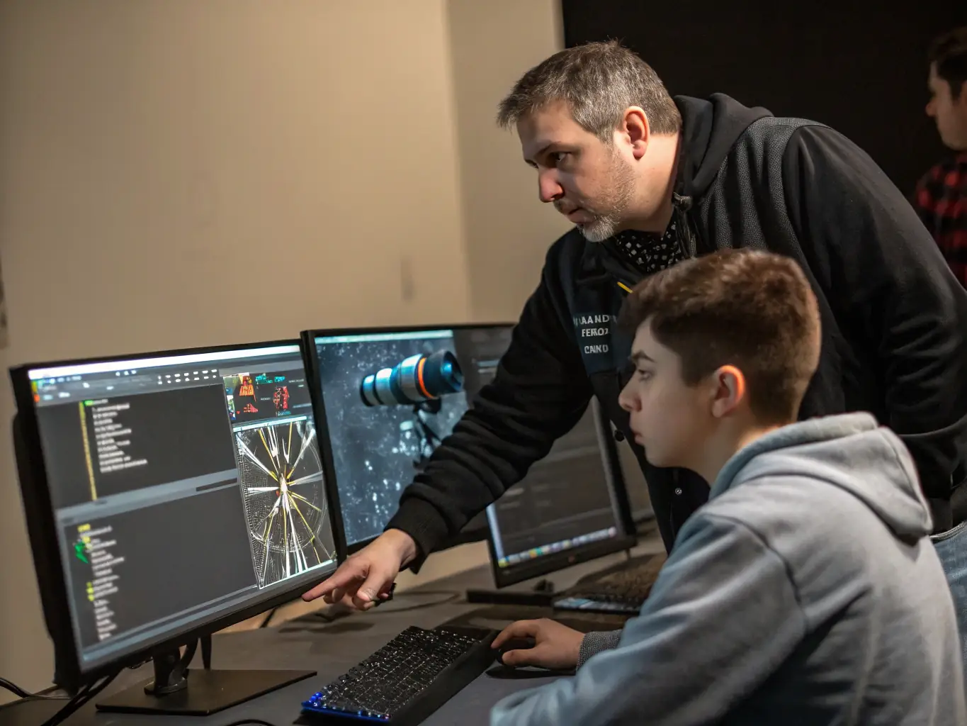 A LabelPros instructor is guiding a trainee through advanced label design software on a computer. The screen displays intricate label designs, and the focus is on mastering advanced design techniques.