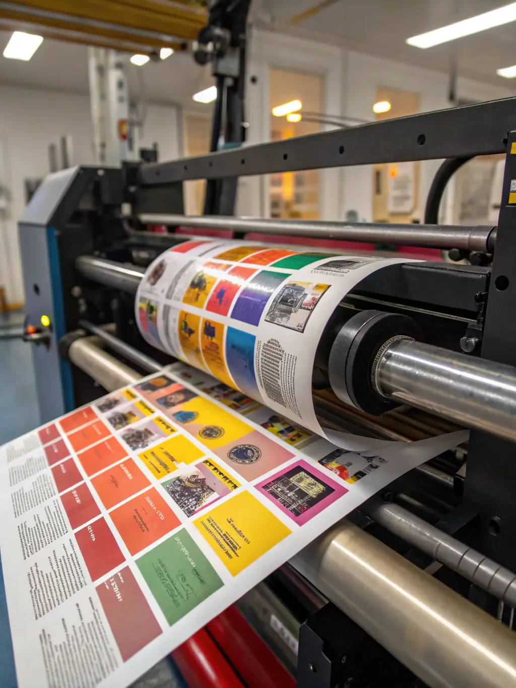 A close-up shot of a label printer producing a vibrant, multi-colored label with intricate designs, highlighting the printer's color capabilities.